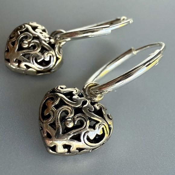 Sterling Silver Filigree  Hoop Heart Earrings - Picture 6 of 7
